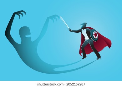 Vector illustration of business concept, businesswoman superhero with sword and shield fighting with his own evil shadow