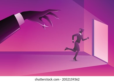 Vector illustration of business concept, a businesswoman running toward door pursued by evil giant hand