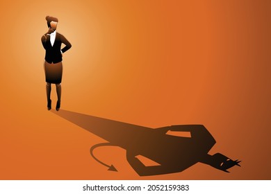 Vector illustration of business concept, businesswoman standing while looking at to his own evil shadow