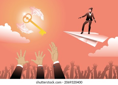 Vector illustration of business concept, businesswoman on paper plane with many hands chasing flying golden key