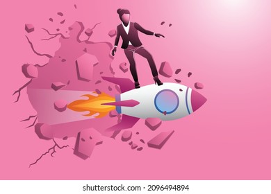 Vector Illustration Of Business Concept, Businesswoman Standing On Rocket Break Through Wall