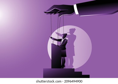 Vector illustration of business concept, businesswoman on podium being controlled by puppet master 