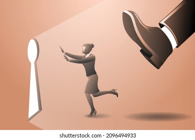 Vector illustration of business concept, a businesswoman runs from big foot toward keyhole