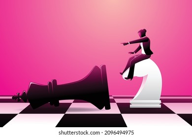 Vector illustration of business concept, businesswoman riding chess knight beat black king chess 