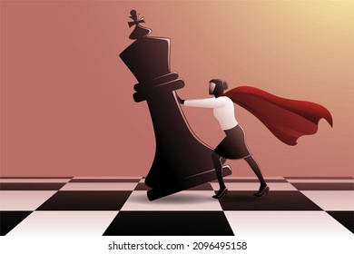 Vector illustration of business concept, businesswoman hero pushing king chess