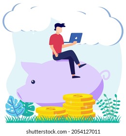 Vector illustration of business concept, capital investment businessman, career growth towards success, flat color icon, business analysis, cash profit, piggy bank, investment.