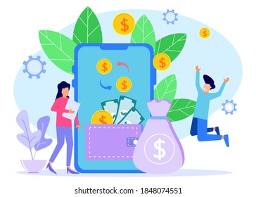 Vector illustration of a business concept. Cash Back theme design, character people get cash prizes and prizes from online shopping, Suitable for web landing pages, ui, mobile apps, banner templates.