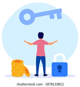 Ilustración vectorial del concepto de negocio, carácter de la gente que logra la clave del éxito en los negocios.