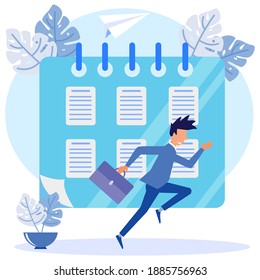 Vector illustration of a business concept. the character of the person creates business schedules and other agendas. vector, scheduling business graphic design assignments on a week.