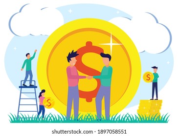Vector Illustration Of Business Concept, Characters, People Shaking Hands, And A Group Of Happy Business People Making Multiple Profits.