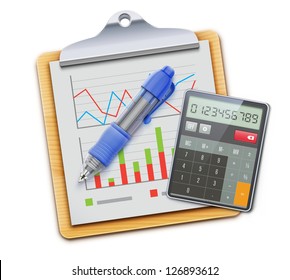 Vector illustration of business concept with clipboard, calculator icon and blue ballpoint pen isolated on white background