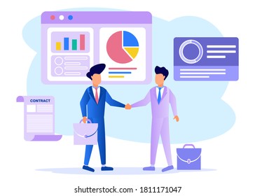 Vector illustration of a business concept. Business cooperation agreement. Investors keep money in ideas. financing creative projects. 2 businessmen's handshake.