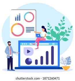 Ilustración vectorial de un concepto de negocio. Trabajo en equipo creativo. Los emprendedores construyen proyectos empresariales en Internet. La pantalla del monitor es un sitio de construcción. Rendimiento de tareas colectivas. - Vector.