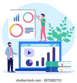 Vector illustration of a business concept. Creative teamwork. Entrepreneurs build business projects on the Internet. The monitor screen is a building site. Collective task performance. - Vector.