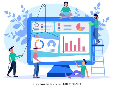 Ilustración vectorial de un concepto de negocio. Trabajo en equipo creativo. La gente está construyendo proyectos de negocios en Internet. La pantalla del monitor es un sitio de construcción. Rendimiento de tareas colectivas. - Vector.