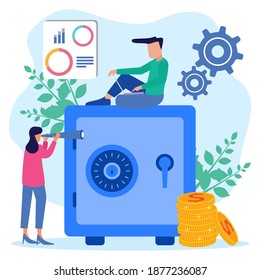 Vector illustration of a business concept. Design Savings money with business people standing near a giant safe bank. Flat landing page template.