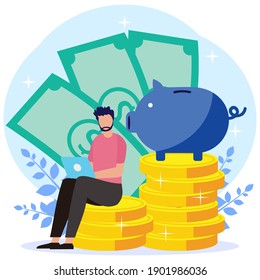 Vector illustration of a business concept. Design Savings money with business people standing near a giant safe bank. Flat landing page template.