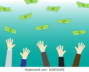 Concepto De Negocio De Ilustración De Vectores Diseñado Como Armas De Empresarios Están Alcanzando Dinero Que Cae Del Cielo. Significa Competencia Entre Los Empresarios Para Obtener Más Ingresos, Ingresos, Beneficios.