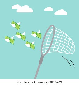 Vector Illustration Business Concept Designed As A Sweep Net Is Catching Flying Money With White Wings In The Air. It Means Seizing The Opportunity That Is Able To Generate Much More Income.