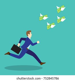 Vector Illustration Business Concept Designed As A Businessman Is Running Forward In High Speed To Chase Flying Money With White Wings. It Means Trying To Work Hard To Get More Income.