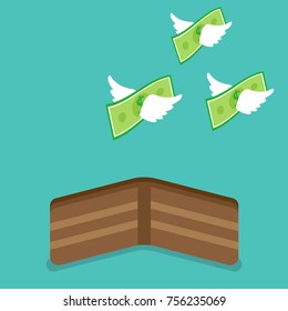 Vector Illustration Business Concept Designed As Money With White Wings Are Flying Away From A Brown Wallet. It Means Income, Revenue Runs Out From The Budget Or Spending Too Much Until Broke.