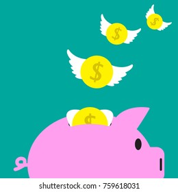 Vector Illustration Business Concept Designed As Coins With White Wings Are Flying Away From A Pink Piggy Bank. It Means Income, Revenue Runs Out From The Budget Or Spending Too Much Until Broke.