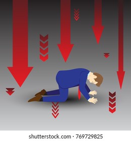 Vector Illustration Business Concept Designed As A Businessman Is Kneeling Among Downward Red Arrows. He Is Despairing To Desperate Issues And Full Of Disappointment, Depression, And Discouragement.