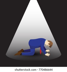 Vector Illustration Business Concept Designed As An Isolated Businessman Is Kneeling Under Spotlight. He Is Despairing To Isolation And Loss And Full Of Disappointment, Depression, And Discouragement.