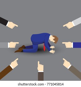 Vector Illustration Business Concept Designed As A Businessman Kneeling And Others Pointing At Him. He Is Seriously Criticized, Blamed, Accused By The Others And Full Of Depression And Stress.