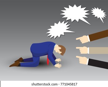 Vector Illustration Business Concept Designed As A Businessman Is Kneeling With Others Pointing And Shouting At Him. He Is Seriously Criticized, Blamed, Accused By The Others And Full Of Depression.