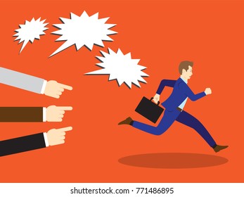 Vector Illustration Business Concept Designed As A Businessman Is Running Away From Others Accusation With Pointing And Shouting At Him. He Is Escaping from Seriously Criticism And Blame.