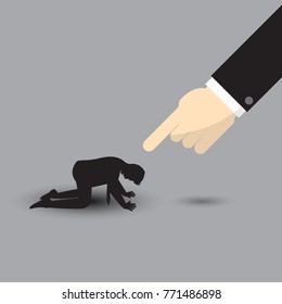 Vector Illustration Business Concept Designed As A Big Arm Pointing At Silhouette Kneeling Businessman. He Is Seriously Criticized, Blamed, Accused By The Other And Full Of Depression And Stress.