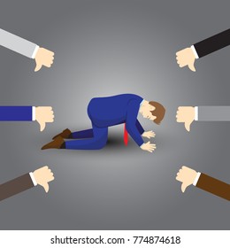 Vector Illustration Business Concept Designed As A Businessman Is Kneeling And Others Giving Thumbs Down To Him. He Is Disagreed, Disrespected, Opposed By Others And Full Of Depression And Stress.