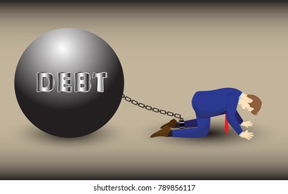 Vector Illustration Business Concept Designed As A Businessman Is Kneeling And Chained Up By Debt Metal Ball. He Is Despairing To Heavy Financial Burden, Liability; Full Of Disappointment, Depression.