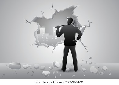 Vector illustration of business concept, determined businessman breaking wall with hammer