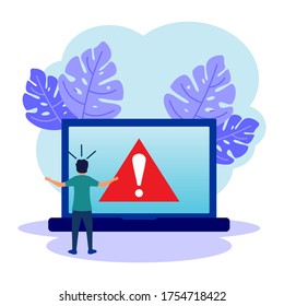 Vector illustration of business concept, disconnection from the Internet, unavailable, young man disappointed, an error occurred, the work stalled.