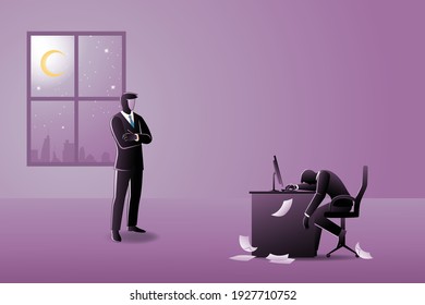 Vector illustration of business concept, an employee tired on computer desk with scattered paperwork under supervision his boss