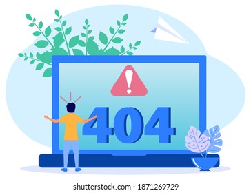 Vector illustration of business concept, error 404, Internet signal is interrupted, unavailable, businessperson annoyed and disappointed.