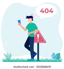 Vector illustration of business concept, error 404, Internet signal is interrupted, unavailable, businessperson annoyed and disappointed.