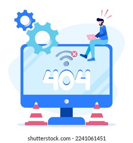 Vector illustration of business concept, error 404, Internet signal is interrupted, unavailable, businessperson annoyed and disappointed.