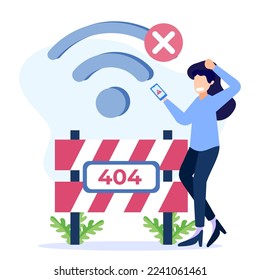 Vector illustration of business concept, error 404, Internet signal is interrupted, unavailable, businessperson annoyed and disappointed.