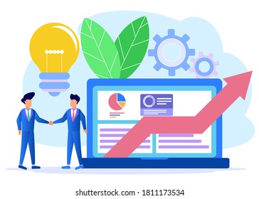 Ilustración vectorial de un concepto de negocio, estableciendo la cooperación para construir un negocio. Los inversionistas mantienen el dinero en sus ideas. financiar proyectos creativos. 2 hombres de negocios se dan la mano.