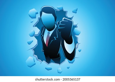 Vector illustration of business concept, excited businessman through wall while clenching his hand