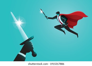 Vector illustration of business concept, fighting swords between winged businessman with big hand 