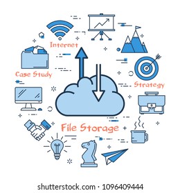 Vector illustration of business concept of file storage. Cloud with arrows on upload and download on white background. Round web banner.