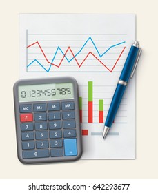 Vector illustration of business concept with finance graphs, productivity chart, blue ballpoint pen and electronic calculator 