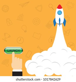 Vector Illustration Business Concept As Finger Pushes A Button To Launch Rocket And Business Icons As Background Involved In Work, Startup, Initiation, Introduction, Entrepreneurship, Achievement.