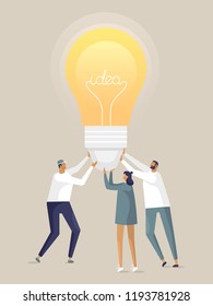 Vector illustration with business concept in flat design style. Men and woman come up with an idea. A team of young business people are holding a lamp. Teamwork, start up and problem solving