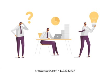 Vector illustration with business concept in flat design. A young man thinks, hard work, finds an idea, solves a problem. Office worker in confusion, works at the table, holds the lamp in his hand.