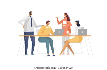 Ilustración vectorial con concepto de negocio en estilo plano. Espacio de trabajo con gente creativa sentada en la mesa y trabajando con laptops. Fondo blanco aislado 